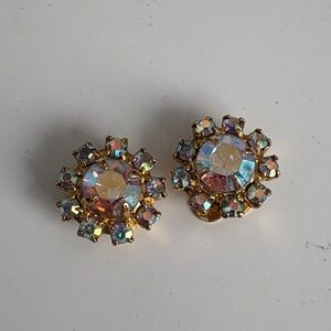 Dazzling Gold and Iridescent Crystal Clip On Earrings